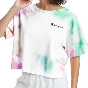 Champion Pastel Tie-Dye Cropped Tee - White with Mint & Pink
